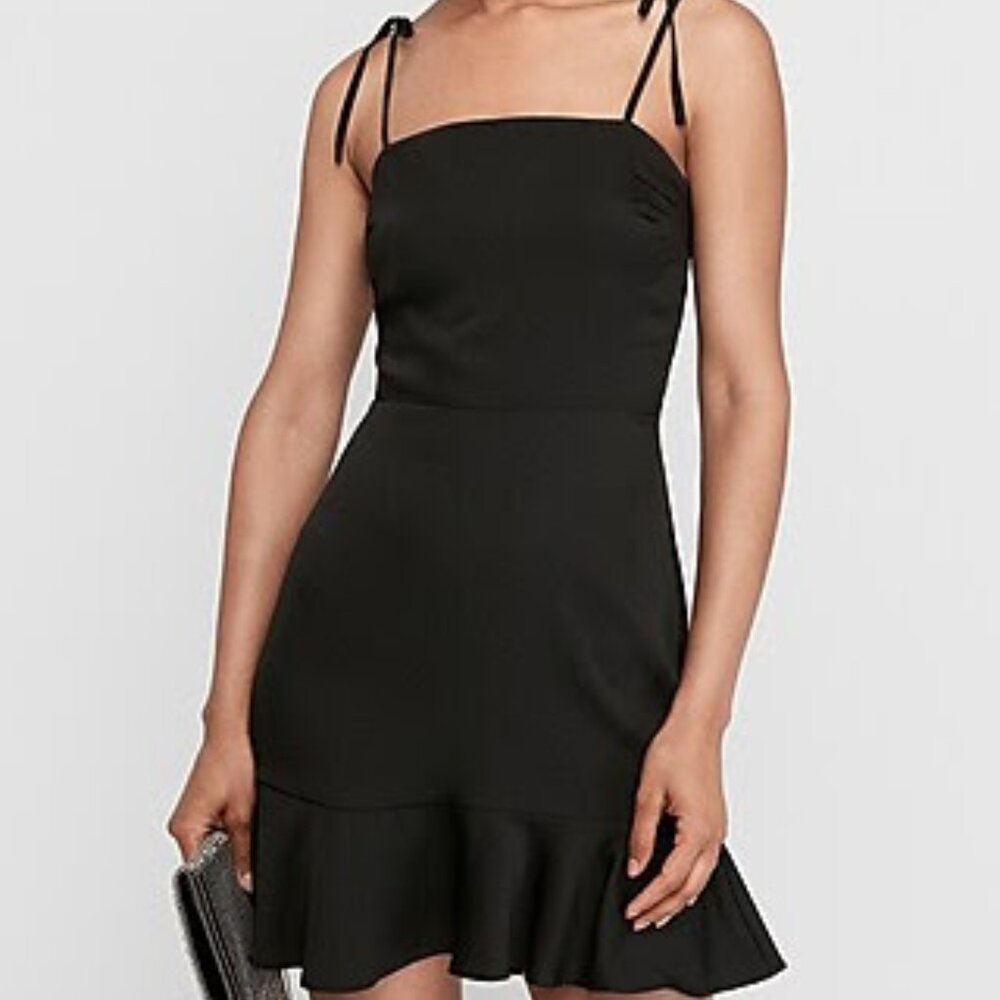 BLACK TIE SHOULDER RUFFLE HEM FIT AND FLARE DRESS